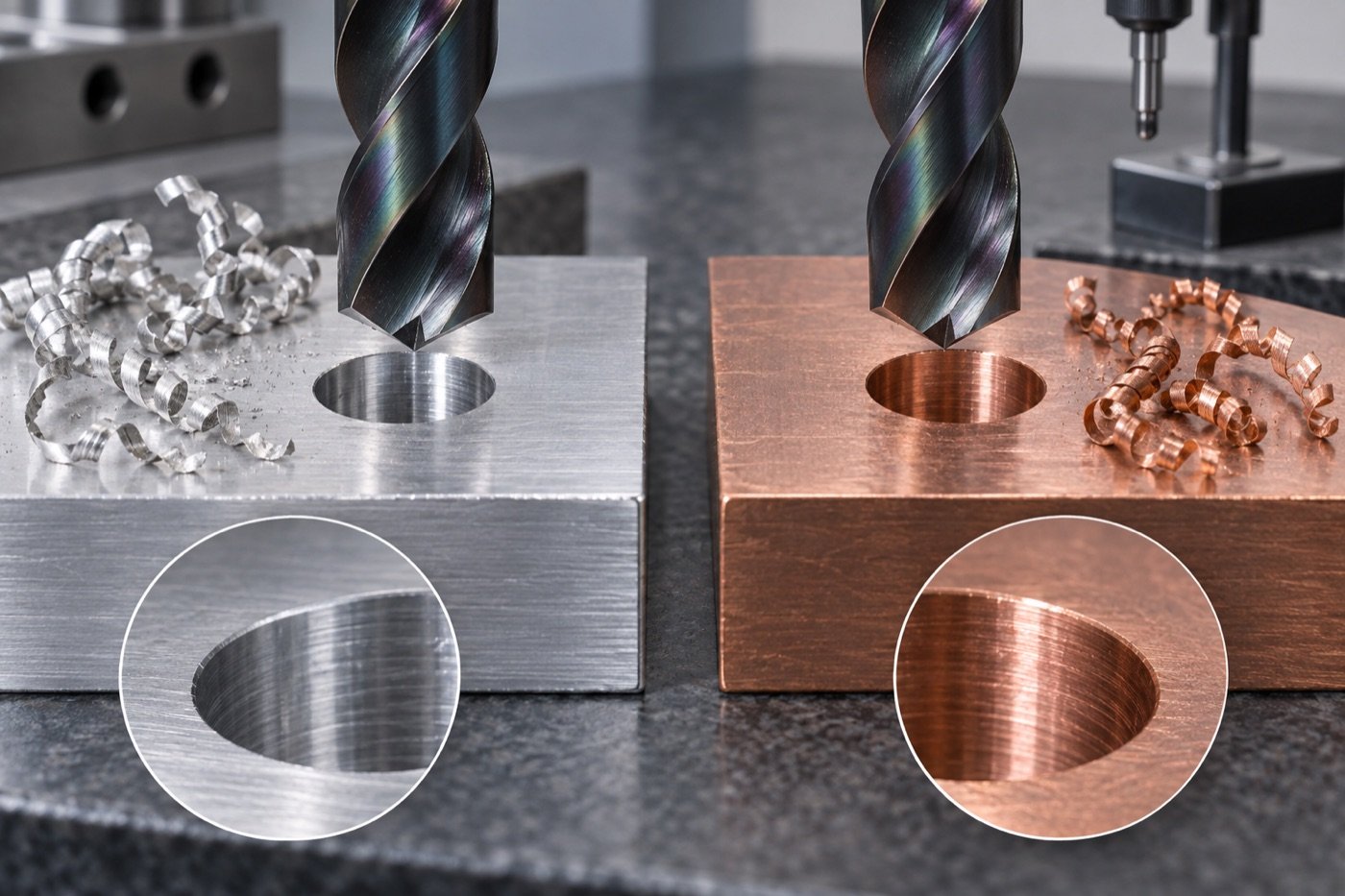 DLC-coated drill head with aluminum and copper hole and chip samples