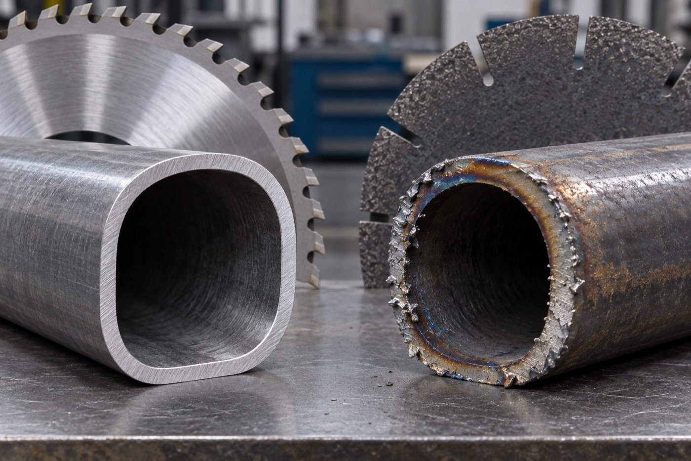 Cold-saw and friction-saw steel tube cut surfaces compared