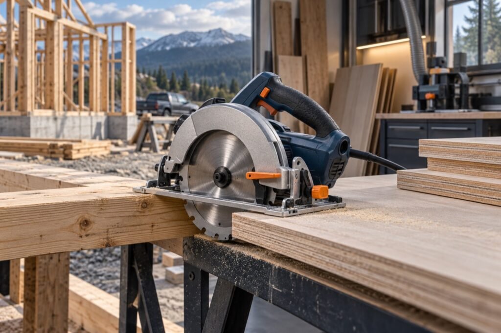 Handheld circular saw applications in construction and cabinet workshops