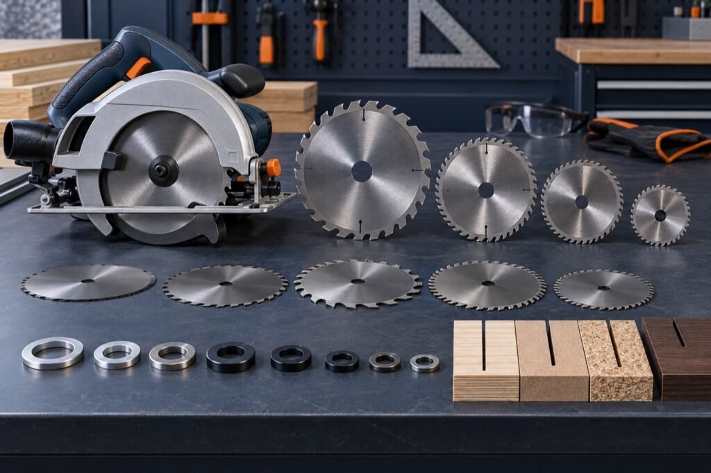 Circular saw with blades, arbor rings and kerf options for compatibility checking