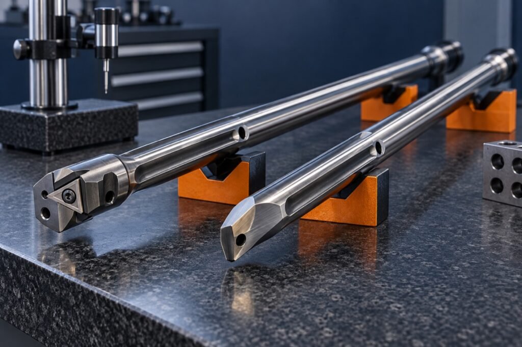 Indexable and brazed carbide gun drills on a precision inspection bench