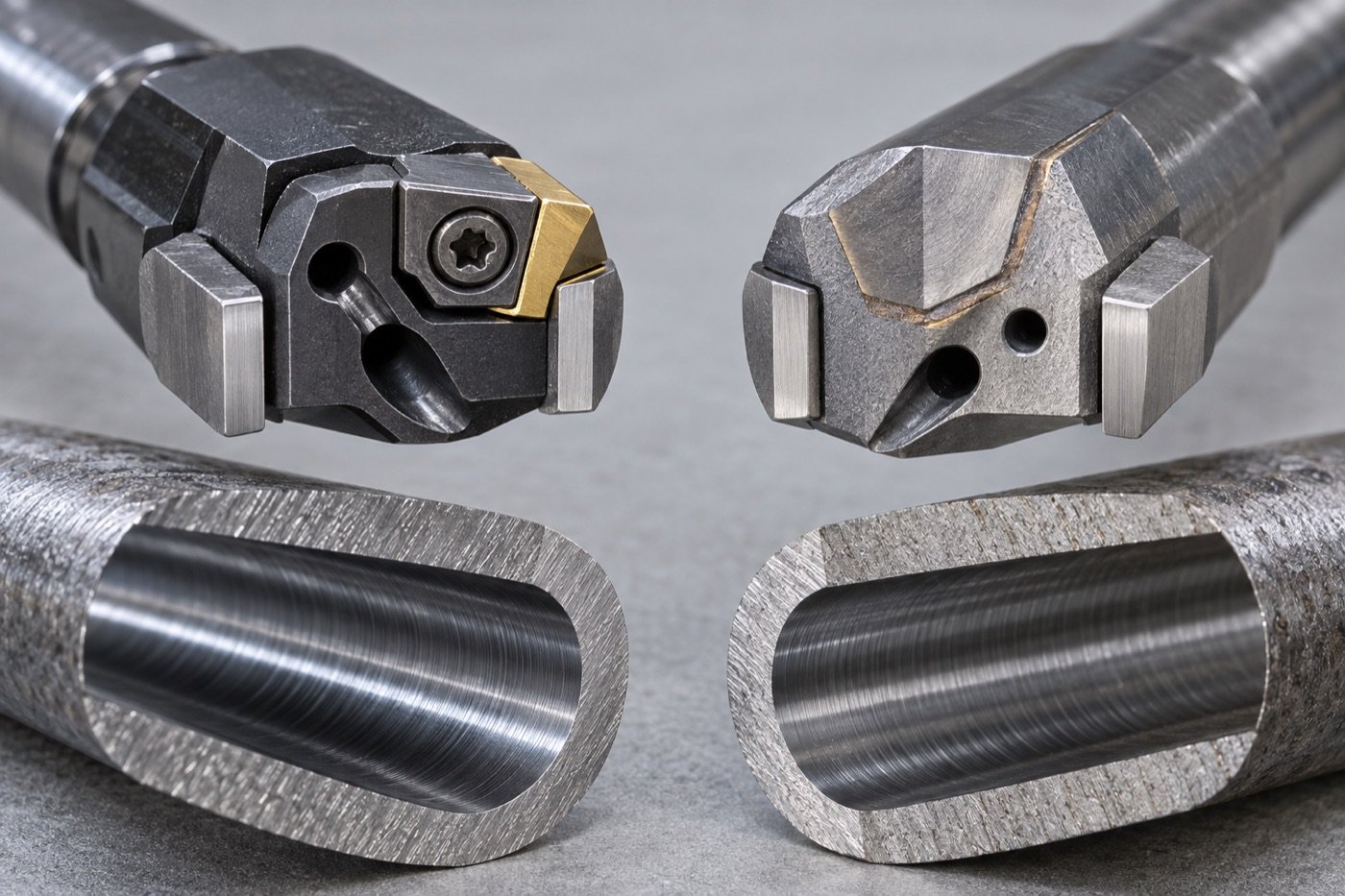 Indexable and brazed gun drill heads with guide pads and coolant passages