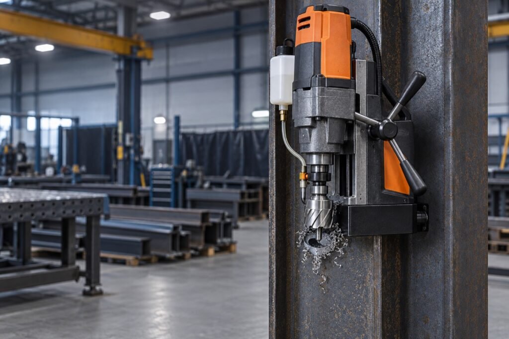 Portable magnetic drill mounted on a structural steel beam with an annular cutter