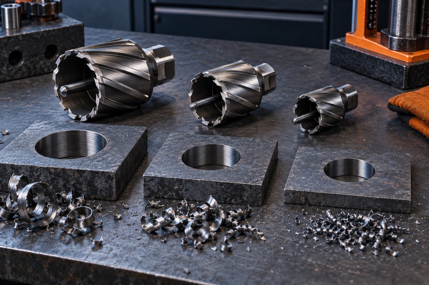 Annular cutters, pilot pins and drilled steel samples for magnetic drill selection