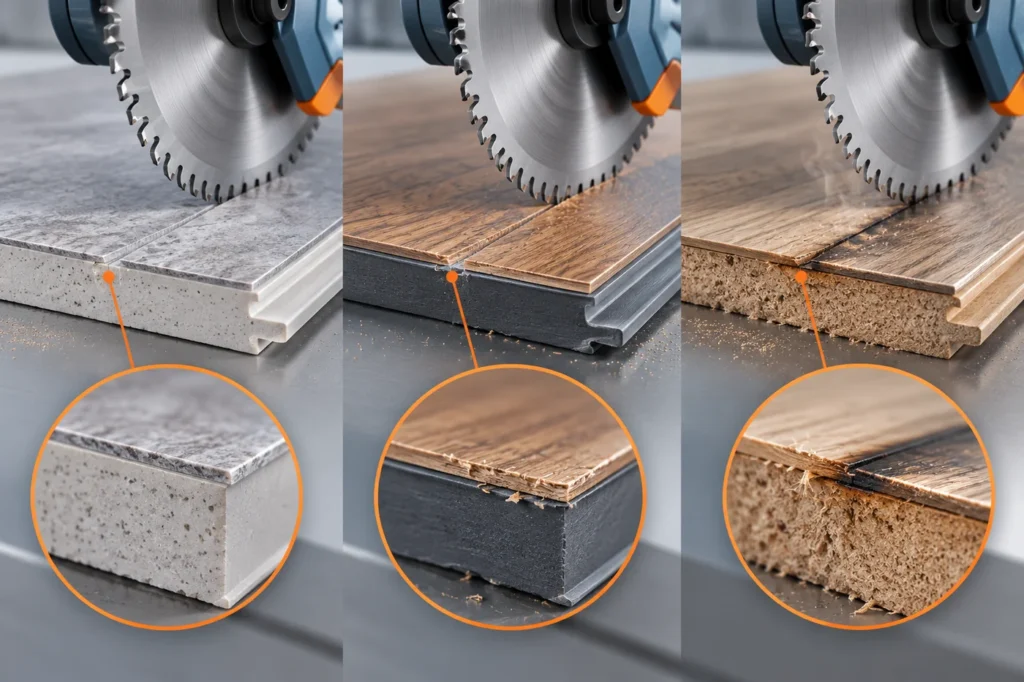 AI-generated illustration comparing saw-cut edges on SPC, LVT and laminate flooring