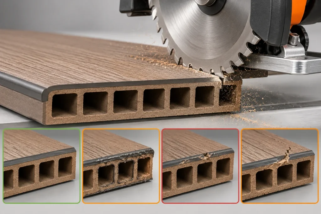 AI-generated illustration of a circular saw cutting capped composite decking with four possible edge conditions