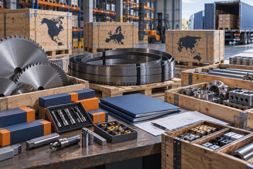 Saw blade sourcing and inventory continuity planning in an industrial warehouse