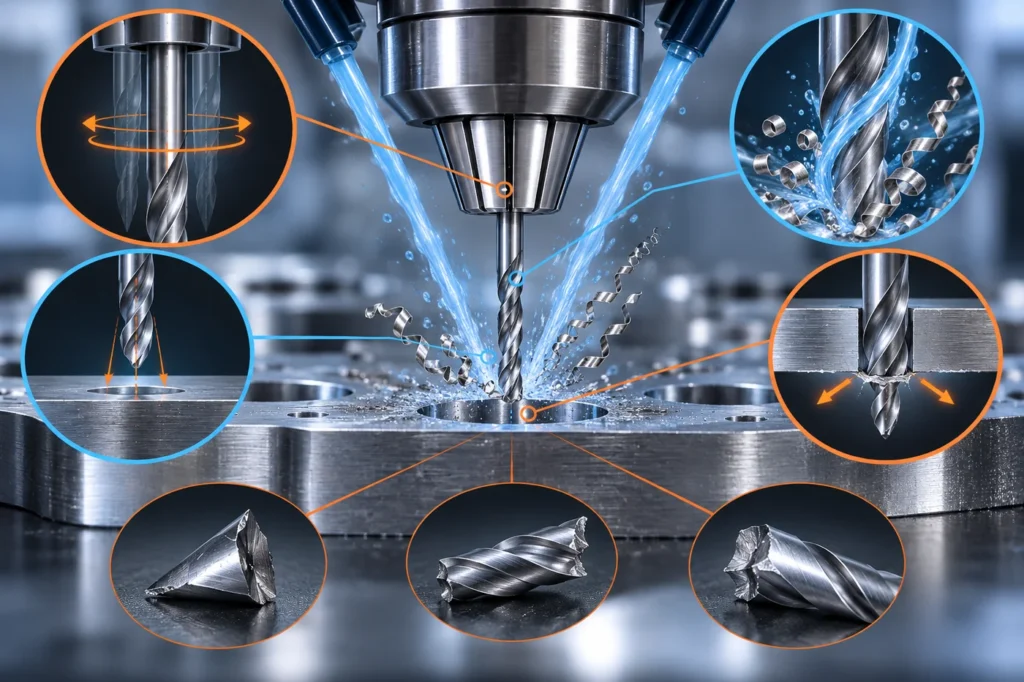 AI-generated illustration of small-diameter carbide drill runout, coolant, chip evacuation and three failure stages