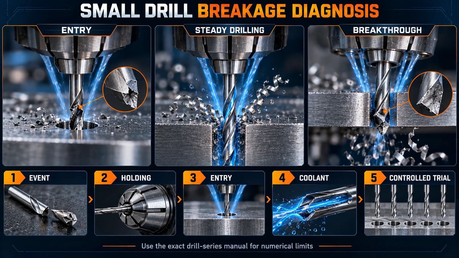 Technical schematic showing entry, steady drilling and breakthrough failures with a diagnostic sequence