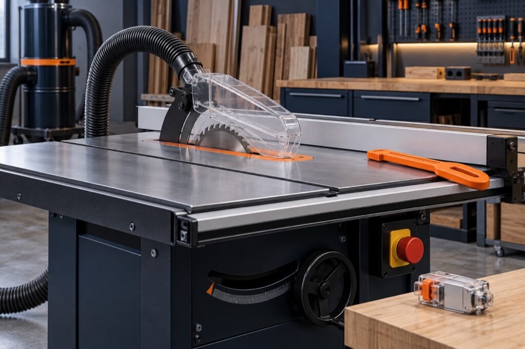 Cabinet table saw with blade guard, riving knife, brake cartridge and dust extraction