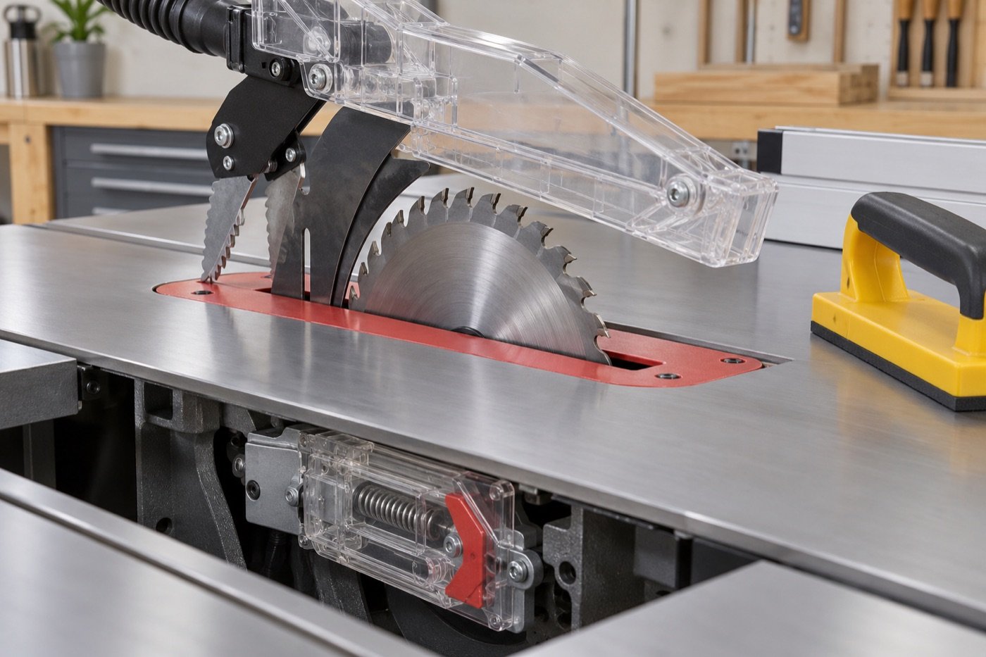 Table saw blade guard, riving knife, anti-kickback pawls and brake cartridge