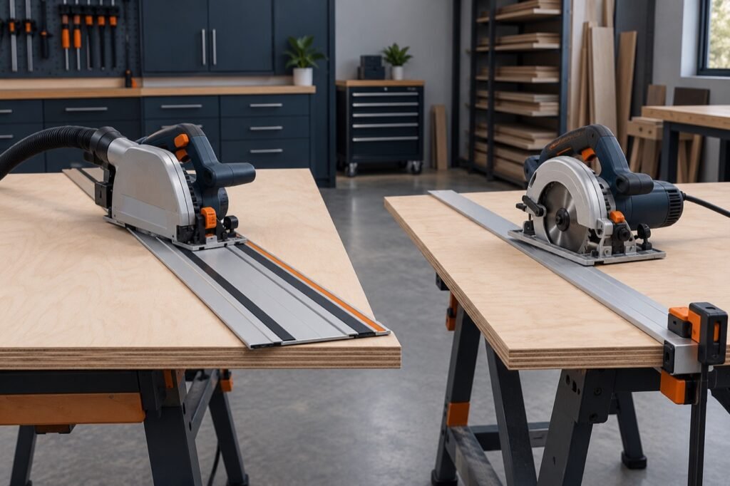 Track saw with guide rail and conventional circular saw on plywood sheets