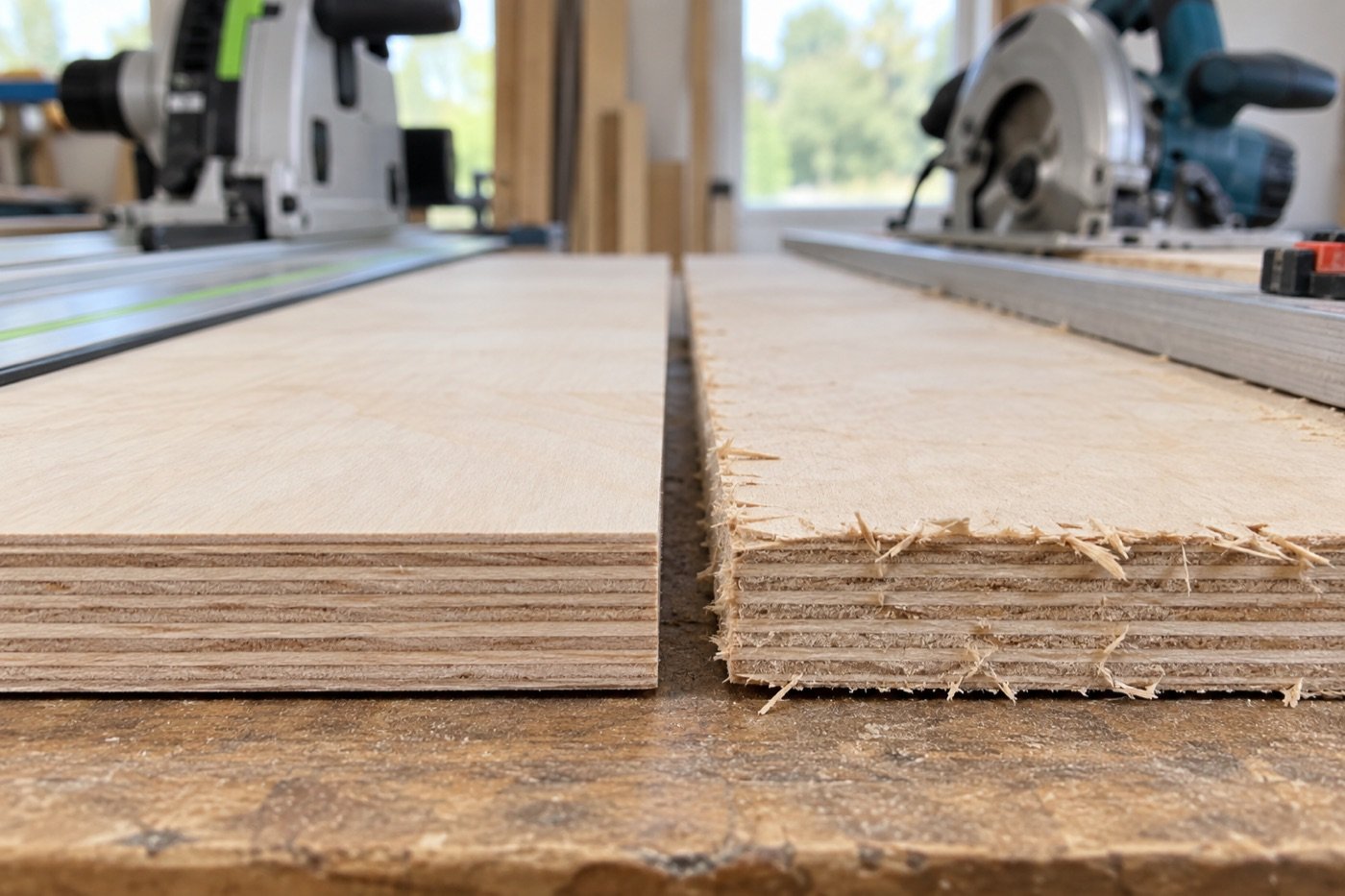 Track-saw and circular-saw plywood cut-edge quality comparison