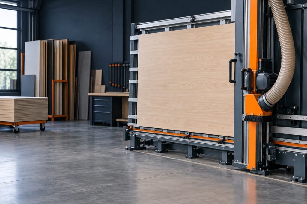 Vertical panel saw cutting a large laminated board with dust extraction