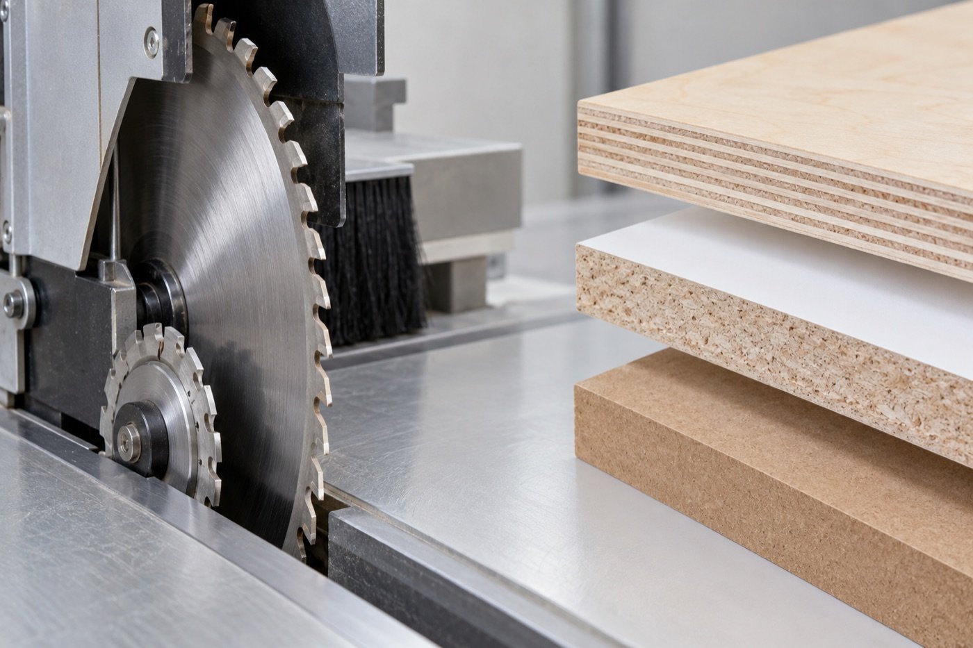 Vertical panel saw blade and clean plywood, melamine and MDF cut edges